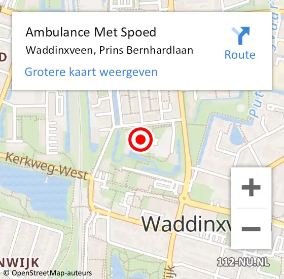 Locatie op kaart van de 112 melding: Ambulance Met Spoed Naar Waddinxveen, Prins Bernhardlaan op 7 februari 2018 16:31