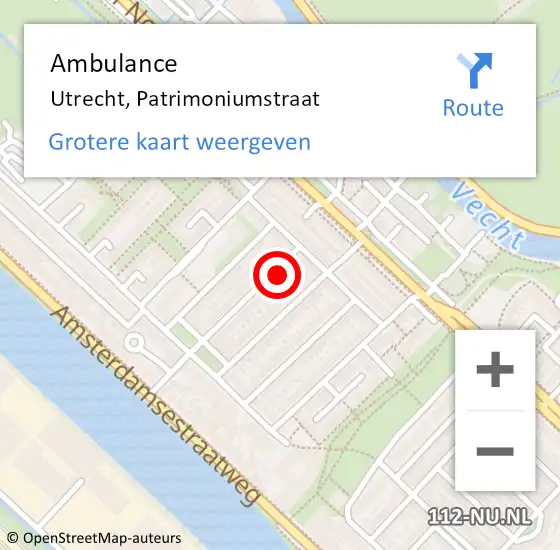 Locatie op kaart van de 112 melding: Ambulance Utrecht, Patrimoniumstraat op 8 februari 2018 01:08