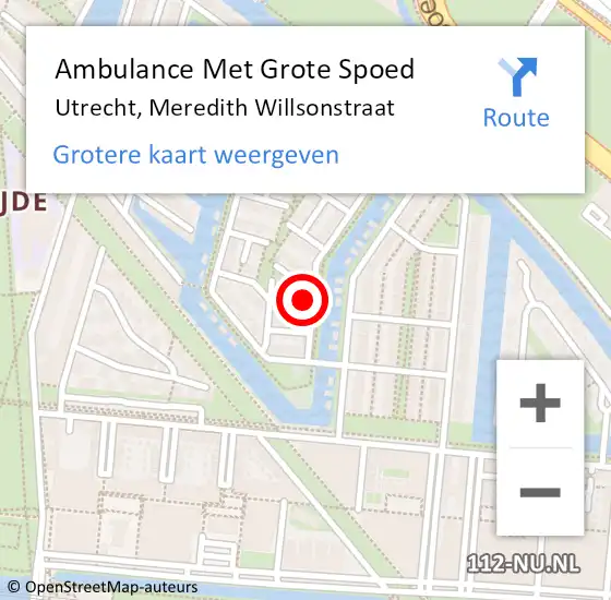 Locatie op kaart van de 112 melding: Ambulance Met Grote Spoed Naar Utrecht, Meredith Willsonstraat op 8 februari 2018 11:40