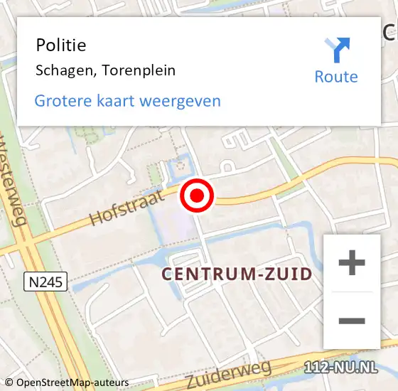 Locatie op kaart van de 112 melding: Politie Schagen, Torenplein op 8 februari 2018 13:11