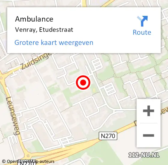 Locatie op kaart van de 112 melding: Ambulance Venray, Etudestraat op 9 februari 2018 10:37