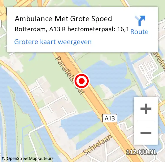 Locatie op kaart van de 112 melding: Ambulance Met Grote Spoed Naar Rotterdam, A13 R hectometerpaal: 17,0 op 9 februari 2018 17:33
