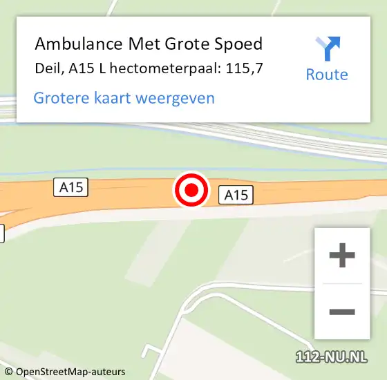 Locatie op kaart van de 112 melding: Ambulance Met Grote Spoed Naar Deil, A15 L hectometerpaal: 116,1 op 11 februari 2018 15:29