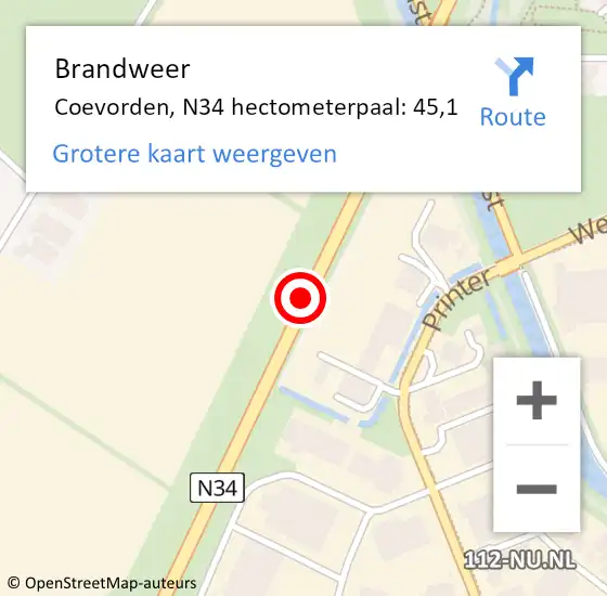 Locatie op kaart van de 112 melding: Brandweer Coevorden, N34 hectometerpaal: 45,1 op 12 februari 2018 12:38