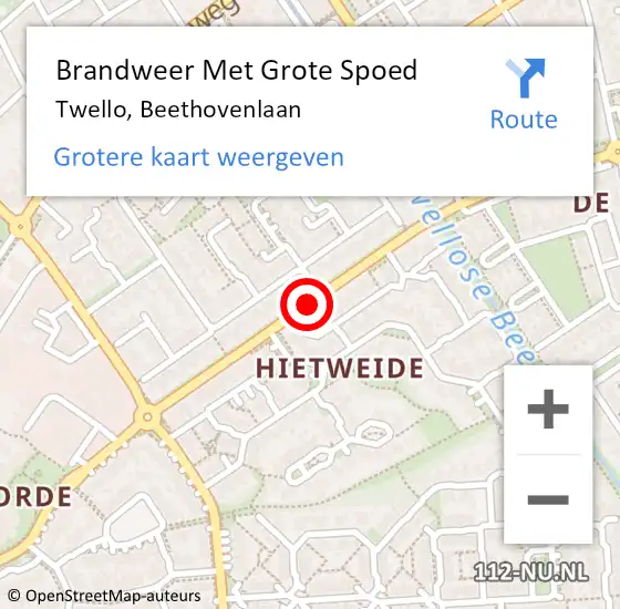 Locatie op kaart van de 112 melding: Brandweer Met Grote Spoed Naar Twello, Beethovenlaan op 12 februari 2018 19:12