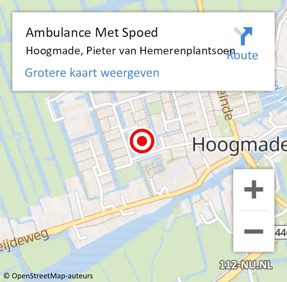 Locatie op kaart van de 112 melding: Ambulance Met Spoed Naar Hoogmade, Pieter van Hemerenplantsoen op 13 februari 2018 00:24