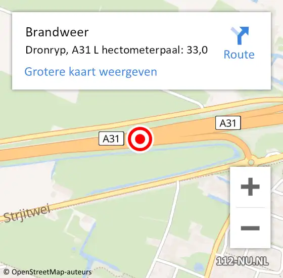Locatie op kaart van de 112 melding: Brandweer Dronryp, A31 L hectometerpaal: 33,0 op 13 februari 2018 12:18