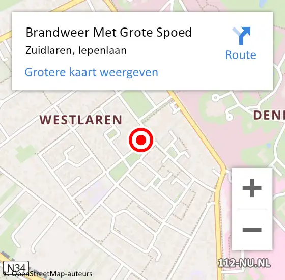 Locatie op kaart van de 112 melding: Brandweer Met Grote Spoed Naar Zuidlaren, Iepenlaan op 13 februari 2018 17:58