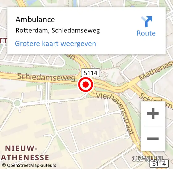 Locatie op kaart van de 112 melding: Ambulance Rotterdam, Schiedamseweg op 14 februari 2018 15:59