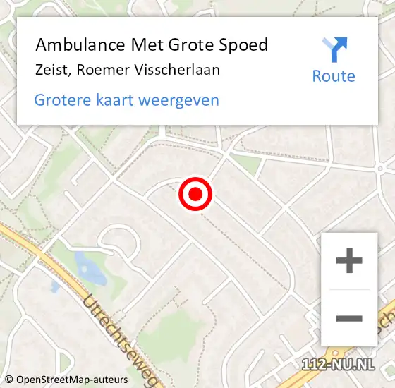 Locatie op kaart van de 112 melding: Ambulance Met Grote Spoed Naar Zeist, Roemer Visscherlaan op 14 februari 2018 22:14