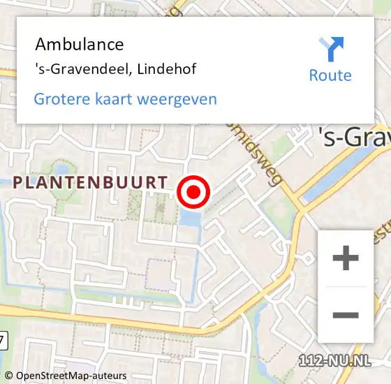 Locatie op kaart van de 112 melding: Ambulance 's-Gravendeel, Lindehof op 15 februari 2018 14:19