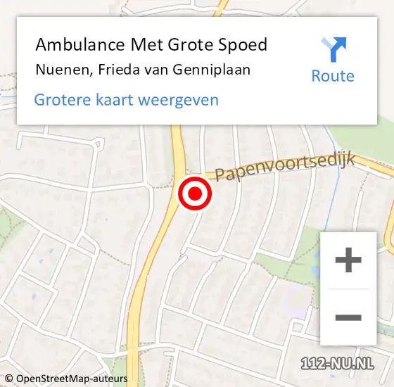 Locatie op kaart van de 112 melding: Ambulance Met Grote Spoed Naar Nuenen, Frieda van Genniplaan op 16 februari 2018 01:25