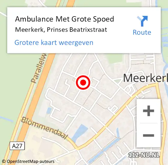 Locatie op kaart van de 112 melding: Ambulance Met Grote Spoed Naar Meerkerk, Prinses Beatrixstraat op 16 februari 2018 08:48