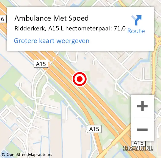 Locatie op kaart van de 112 melding: Ambulance Met Spoed Naar Ridderkerk, A15 R hectometerpaal: 72,6 op 16 februari 2018 13:07