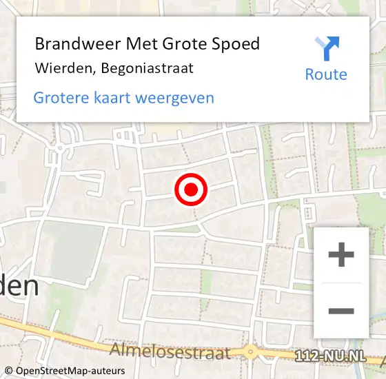 Locatie op kaart van de 112 melding: Brandweer Met Grote Spoed Naar Wierden, Begoniastraat op 16 februari 2018 21:26