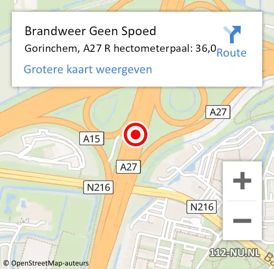 Locatie op kaart van de 112 melding: Brandweer Geen Spoed Naar Gorinchem, A27 R hectometerpaal: 35,7 op 17 februari 2018 06:52
