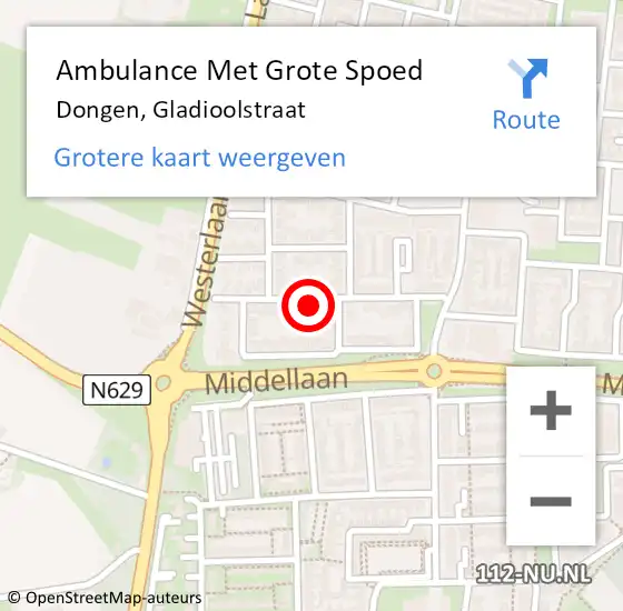 Locatie op kaart van de 112 melding: Ambulance Met Grote Spoed Naar Dongen, Gladioolstraat op 17 februari 2018 15:02