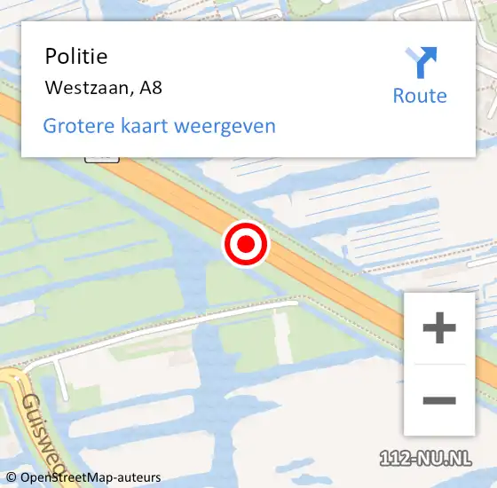 Locatie op kaart van de 112 melding: Politie Westzaan, A8 op 19 februari 2018 08:31