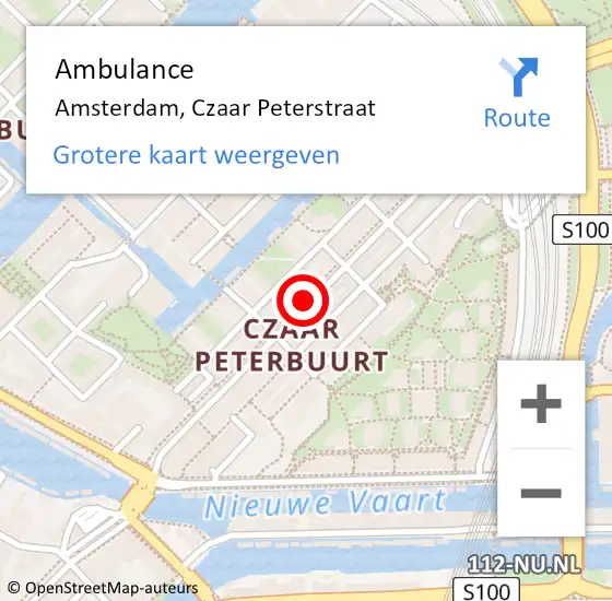 Locatie op kaart van de 112 melding: Ambulance Amsterdam, Czaar Peterstraat op 19 februari 2018 12:14