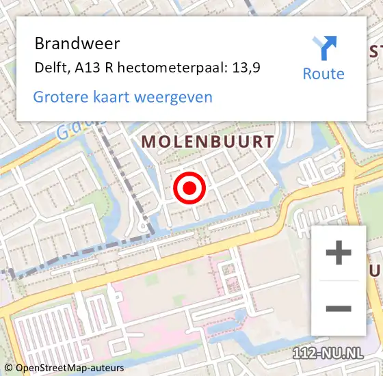 Locatie op kaart van de 112 melding: Brandweer Delft, A13 R hectometerpaal: 13,1 op 19 februari 2018 15:38