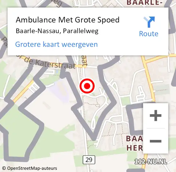 Locatie op kaart van de 112 melding: Ambulance Met Grote Spoed Naar Baarle-Nassau, Parallelweg op 19 februari 2018 21:36