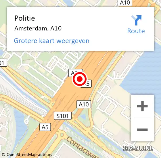 Locatie op kaart van de 112 melding: Politie Amsterdam, A10 op 20 februari 2018 08:59
