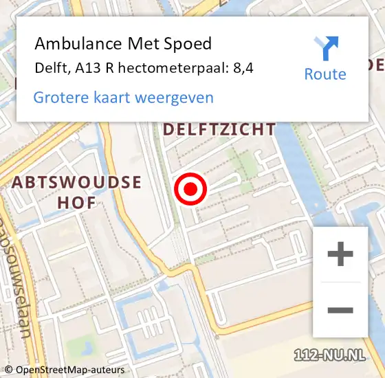 Locatie op kaart van de 112 melding: Ambulance Met Spoed Naar Delft, A13 R hectometerpaal: 8,4 op 20 februari 2018 16:52