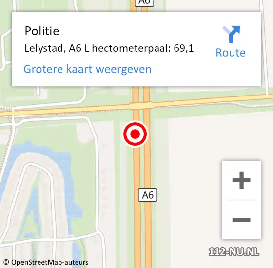 Locatie op kaart van de 112 melding: Politie Lelystad, A6 L hectometerpaal: 66,2 op 21 februari 2018 09:00