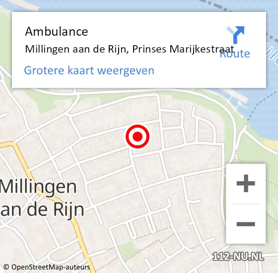Locatie op kaart van de 112 melding: Ambulance Millingen aan de Rijn, Prinses Marijkestraat op 21 februari 2018 16:12
