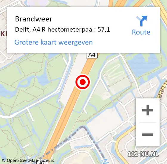 Locatie op kaart van de 112 melding: Brandweer Delft, A4 R hectometerpaal: 57,1 op 21 februari 2018 23:24