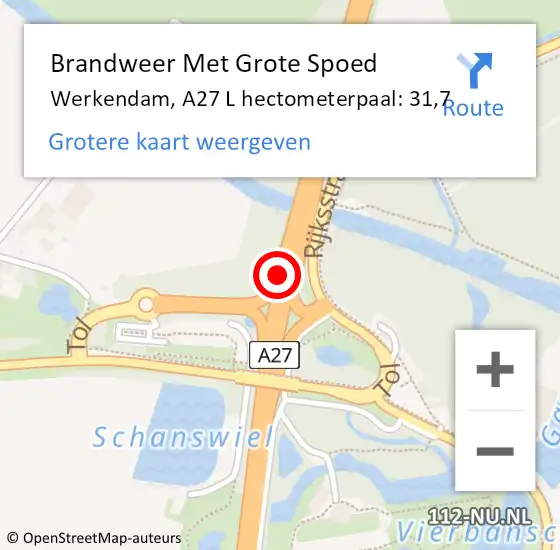Locatie op kaart van de 112 melding: Brandweer Met Grote Spoed Naar Werkendam, A27 L hectometerpaal: 31,7 op 22 februari 2018 12:26