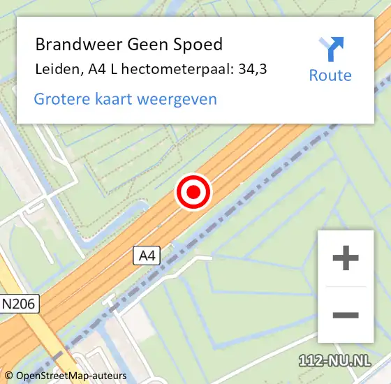 Locatie op kaart van de 112 melding: Brandweer Geen Spoed Naar Leiden, A4 L hectometerpaal: 34,3 op 22 februari 2018 15:40