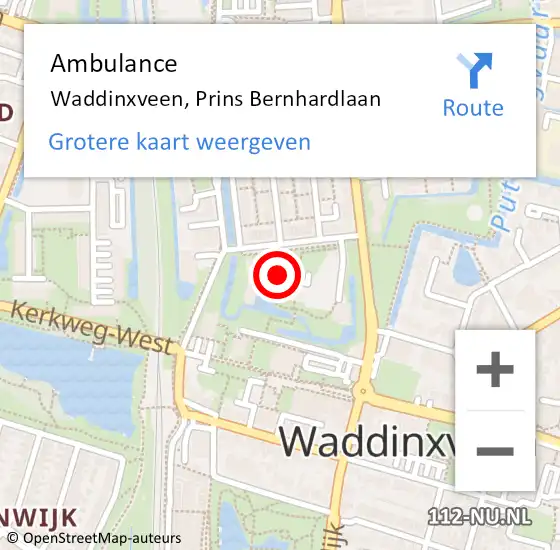 Locatie op kaart van de 112 melding: Ambulance Waddinxveen, Prins Bernhardlaan op 22 februari 2018 17:55