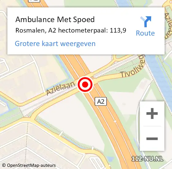 Locatie op kaart van de 112 melding: Ambulance Met Spoed Naar Rosmalen, A2 hectometerpaal: 113,9 op 22 februari 2018 18:17