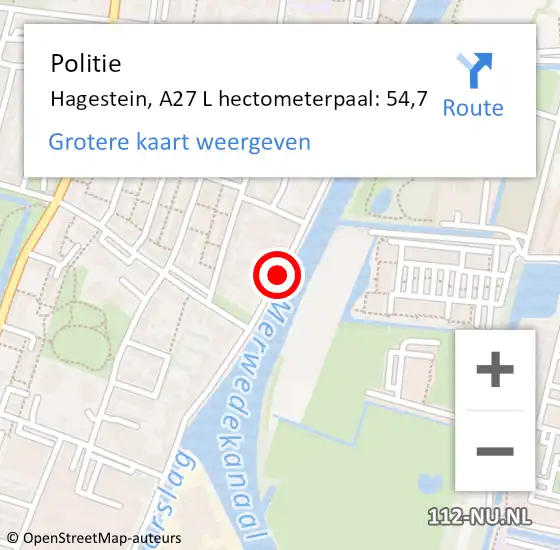 Locatie op kaart van de 112 melding: Politie Hagestein, A27 L hectometerpaal: 54,7 op 23 februari 2018 15:00