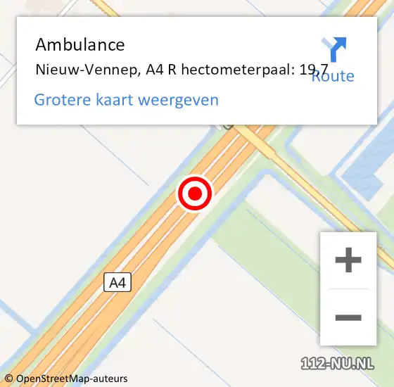 Locatie op kaart van de 112 melding: Ambulance Nieuw-Vennep, A4 L hectometerpaal: 19,3 op 24 februari 2018 10:36