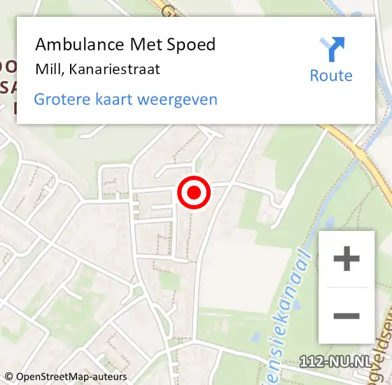 Locatie op kaart van de 112 melding: Ambulance Met Spoed Naar Mill, Kanariestraat op 25 februari 2018 12:03