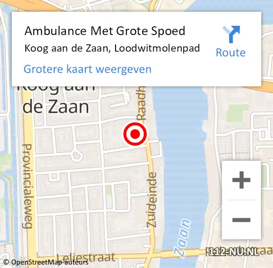 Locatie op kaart van de 112 melding: Ambulance Met Grote Spoed Naar Koog aan de Zaan, Loodwitmolenpad op 26 februari 2018 04:39