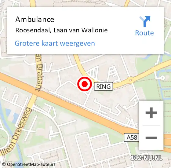 Locatie op kaart van de 112 melding: Ambulance Roosendaal, Laan van Wallonie op 26 februari 2018 21:39