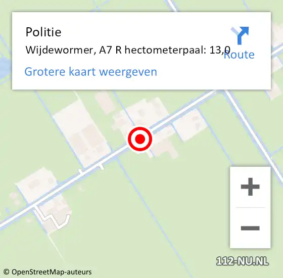 Locatie op kaart van de 112 melding: Politie Wijdewormer, A7 R hectometerpaal: 13,0 op 28 februari 2018 08:50