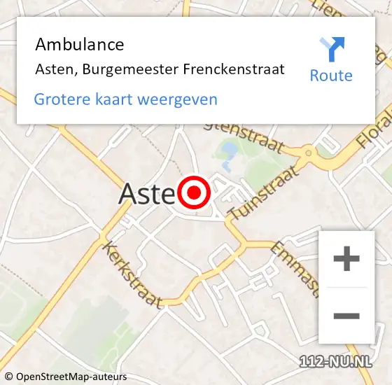 Locatie op kaart van de 112 melding: Ambulance Asten, Burgemeester Frenckenstraat op 1 maart 2018 15:22