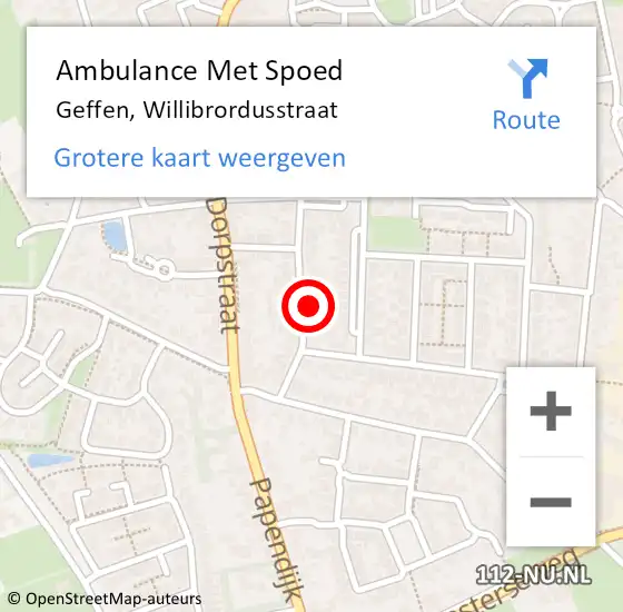 Locatie op kaart van de 112 melding: Ambulance Met Spoed Naar Geffen, Willibrordusstraat op 2 maart 2018 15:22