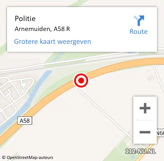 Locatie op kaart van de 112 melding: Politie Arnemuiden, A58 R op 2 maart 2018 21:35