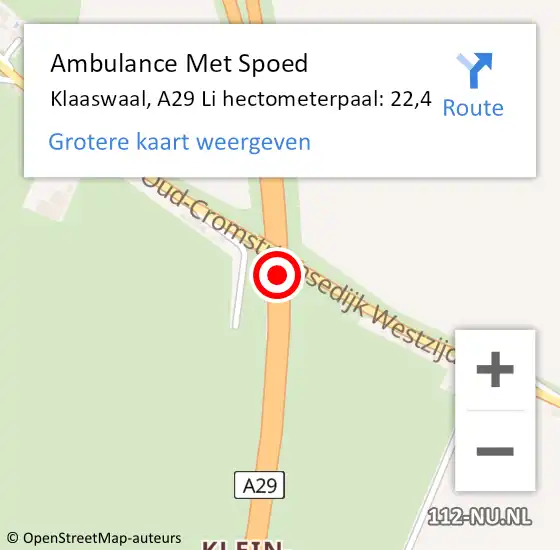 Locatie op kaart van de 112 melding: Ambulance Met Spoed Naar Klaaswaal, A29 R hectometerpaal: 94,2 op 5 maart 2018 01:01