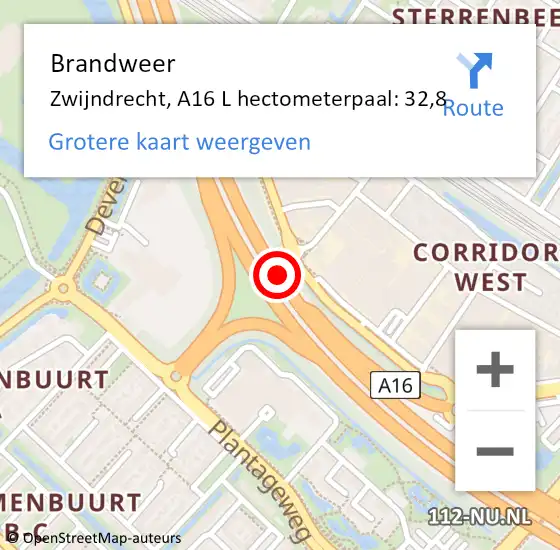 Locatie op kaart van de 112 melding: Brandweer Zwijndrecht, A16 L hectometerpaal: 32,8 op 6 maart 2018 09:07