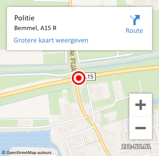 Locatie op kaart van de 112 melding: Politie Bemmel, A15 R op 8 maart 2018 06:44