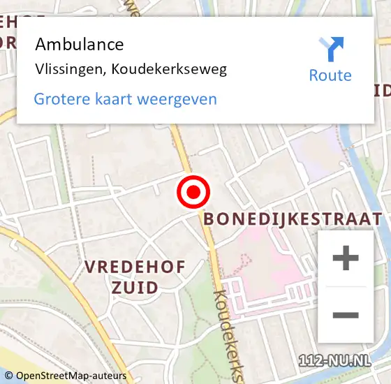 Locatie op kaart van de 112 melding: Ambulance Vlissingen, Koudekerkseweg op 8 maart 2018 15:35