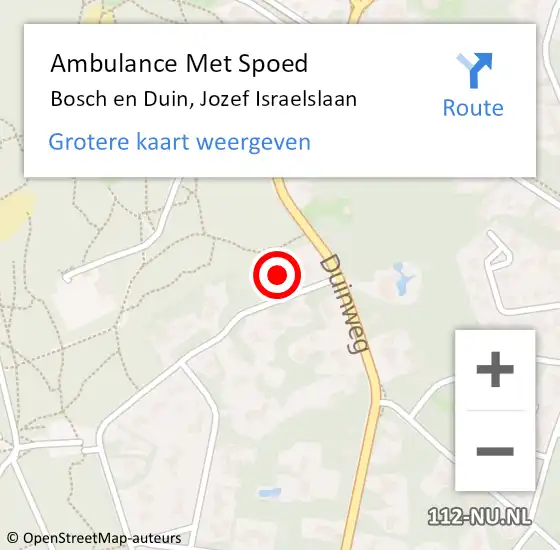 Locatie op kaart van de 112 melding: Ambulance Met Spoed Naar Bosch en Duin, Jozef Israelslaan op 8 maart 2018 18:40