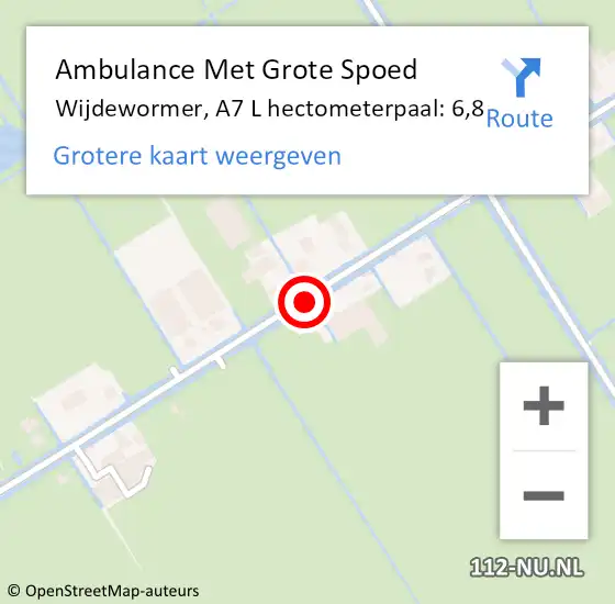 Locatie op kaart van de 112 melding: Ambulance Met Grote Spoed Naar Wijdewormer, A7 L hectometerpaal: 6,8 op 9 maart 2018 14:25