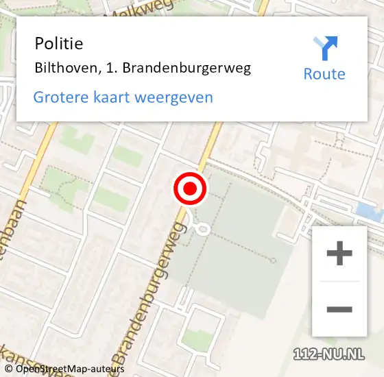 Locatie op kaart van de 112 melding: Politie Bilthoven, 1. Brandenburgerweg op 18 februari 2014 16:28